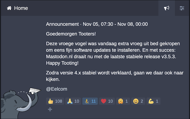 Post upgrade announcement on mastodon.nl