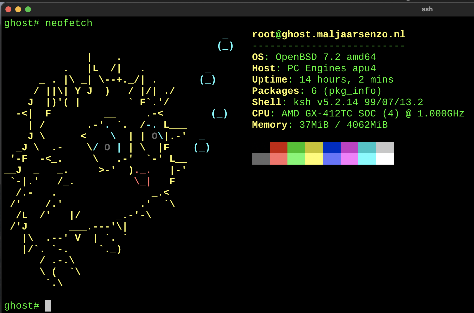 OpenBSD neofetch output from the new APU2 device