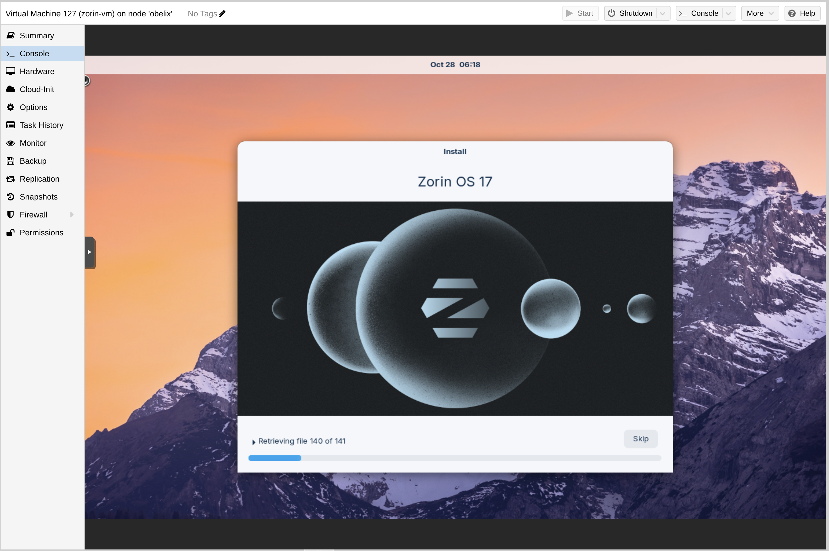 Screenshot Zorin Pro install bovenop Proxmox