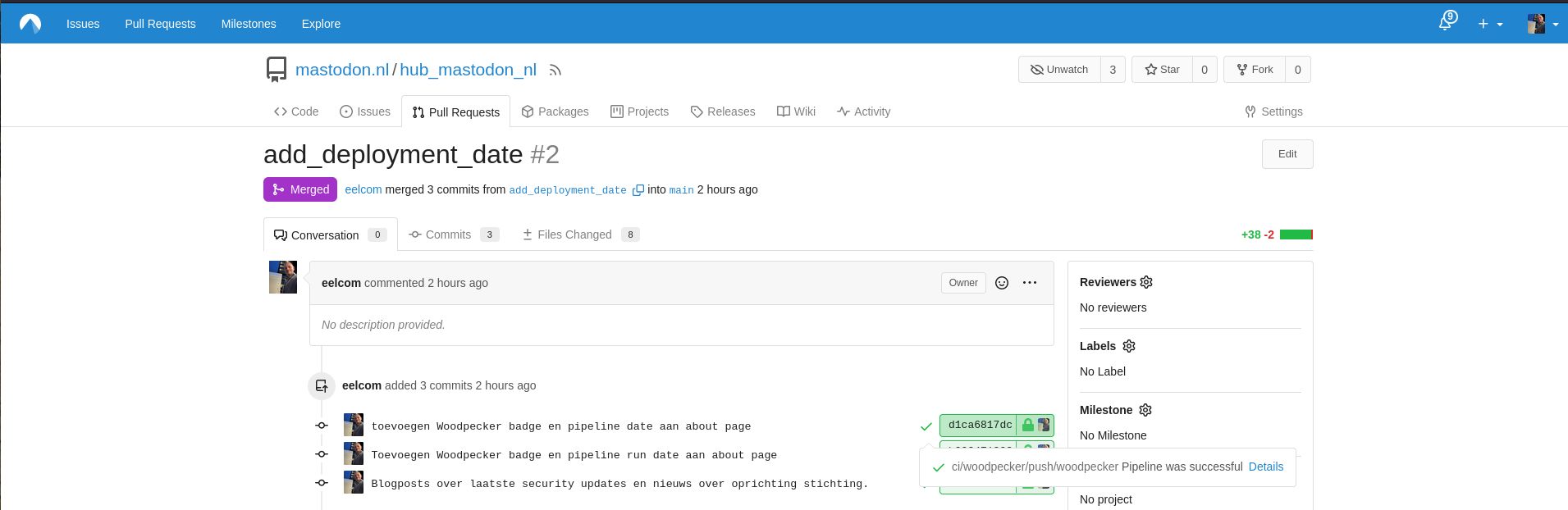Screenshot of codeberg pull request with Woodpecker feedback