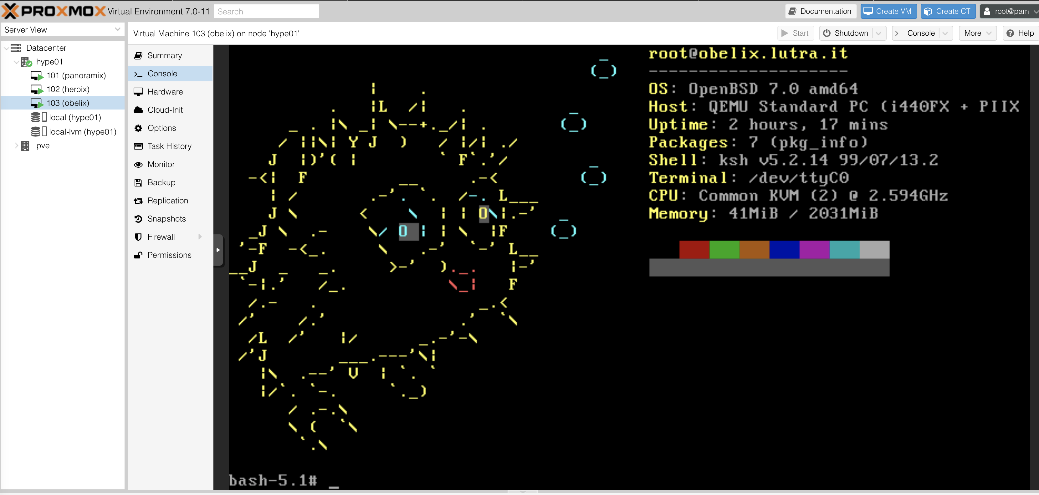 Proxmox with OpenBSD VM console screenshot